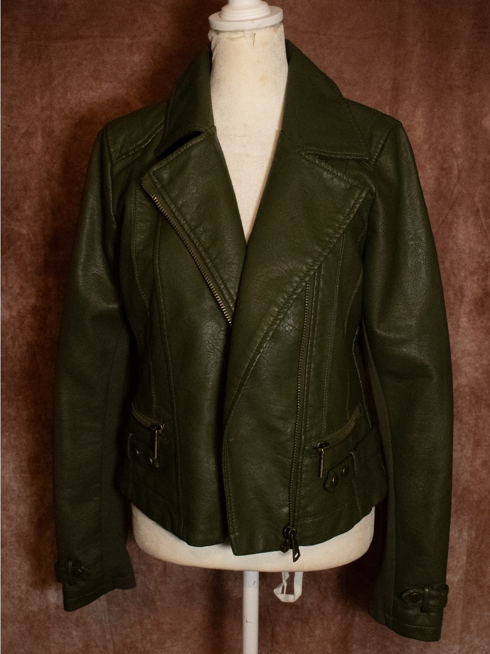 SIZE S NWT NY & Co Olive Green Vegan Leather Moto Jacket